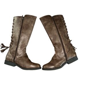 London Fog Big Girls Brooke Riding‎ Boots Size 5 Rear Lace Up Side Zip Brown